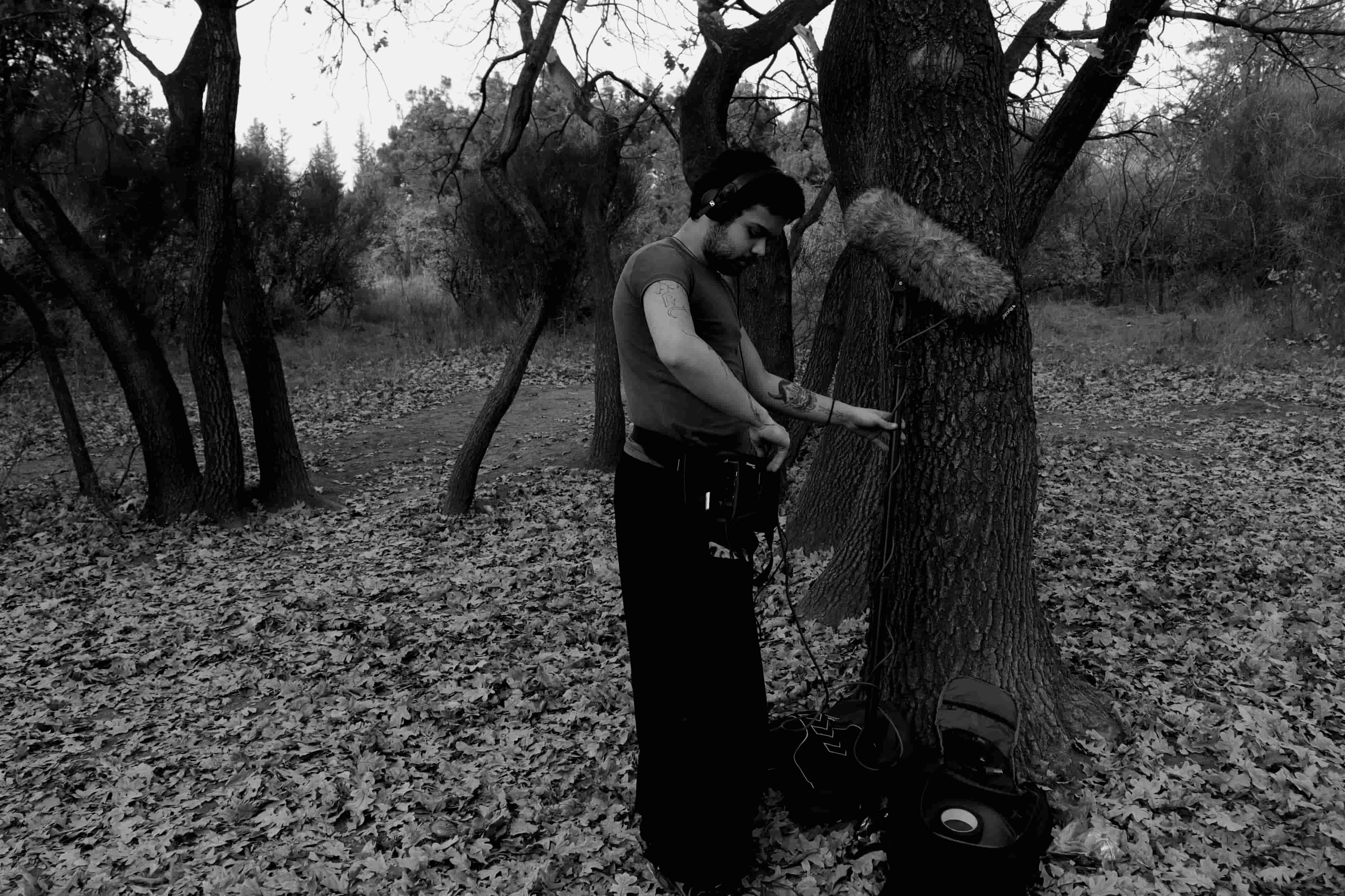Field recording session, black and white
