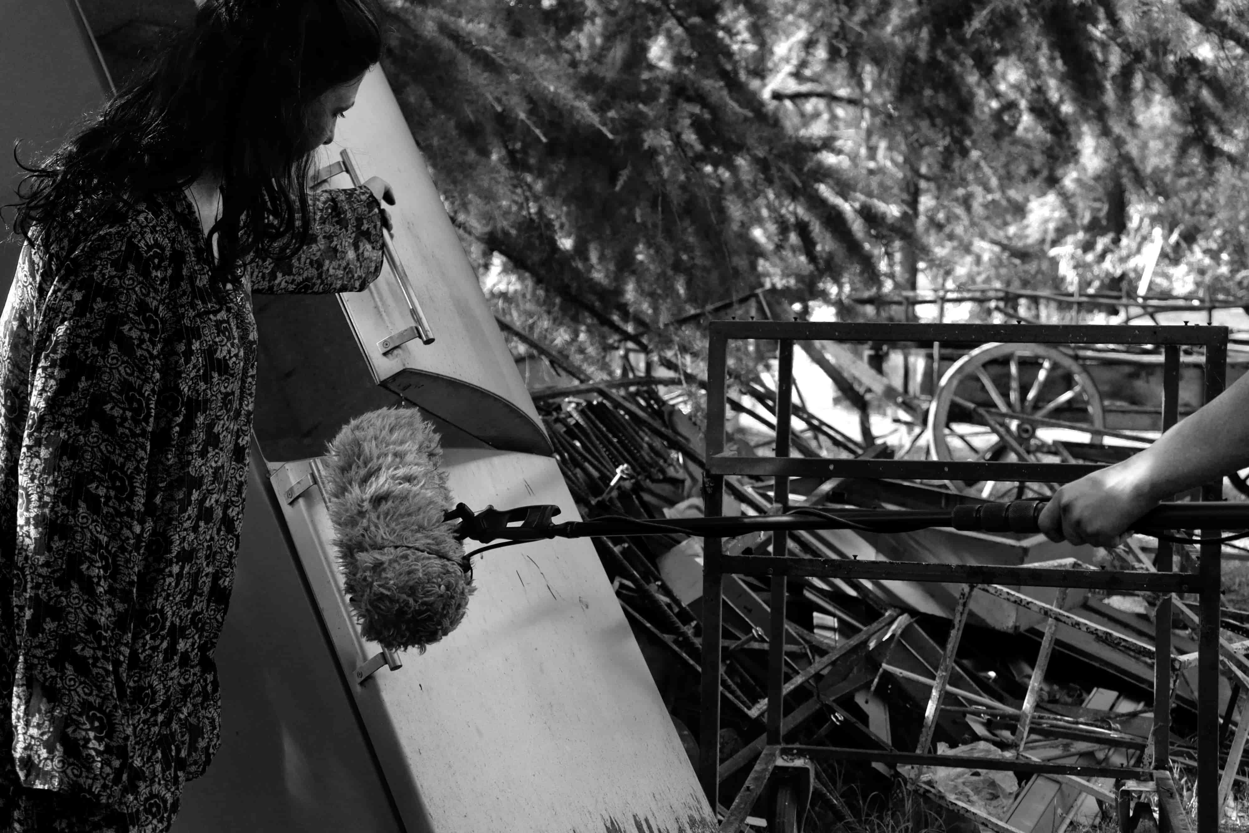 Field recording session, black and white